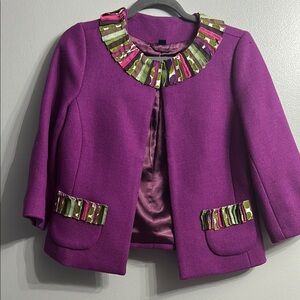 Boden Purple and Green Blazer with Embellished Neckline